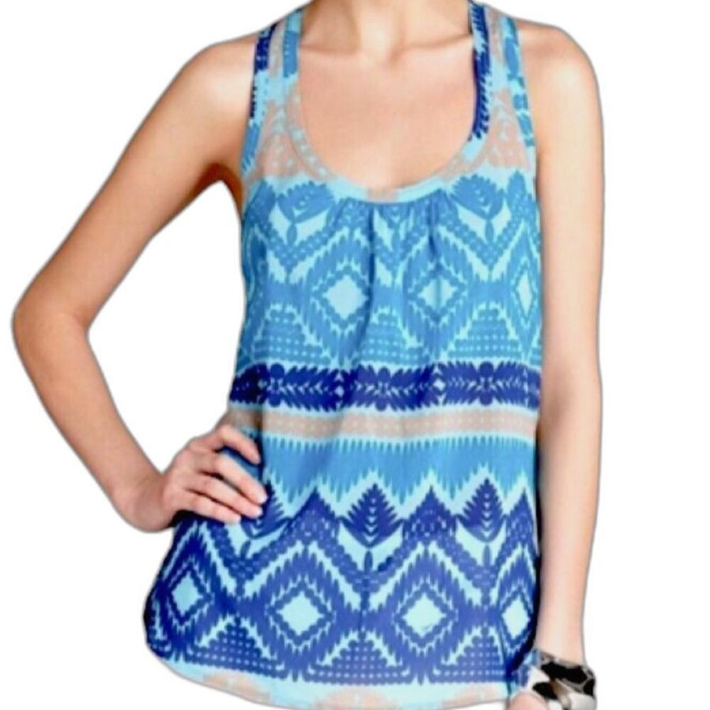 TRINA TURK Kimmie SILK Racerback Blue Teal Cream Tank Top Womens Large